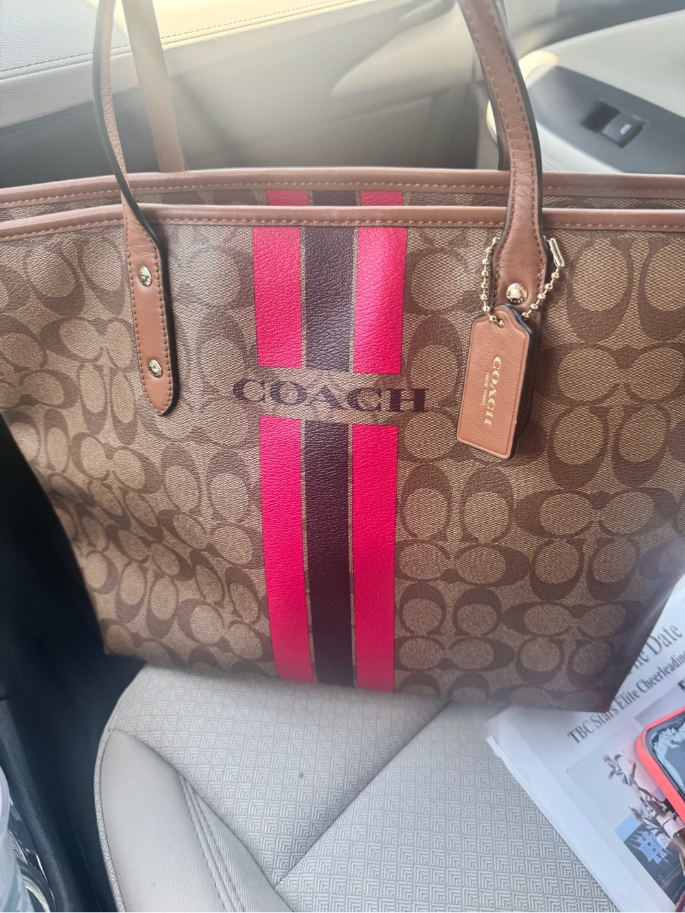 Coach Signature Stripe Tote Bag Brown Canvas Pink Red Stripe Large Carryall - Picture 3 of 12